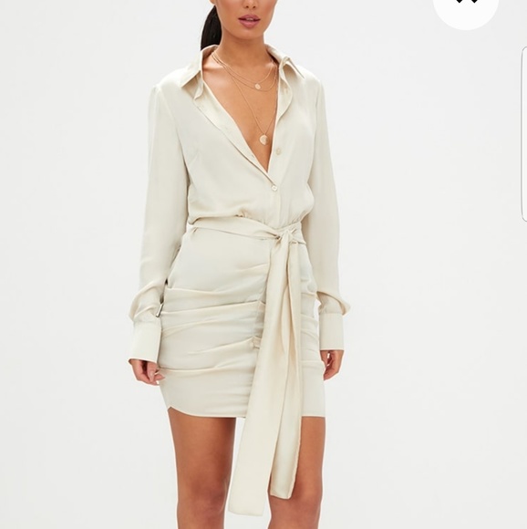 champagne satin ruched shirt dress